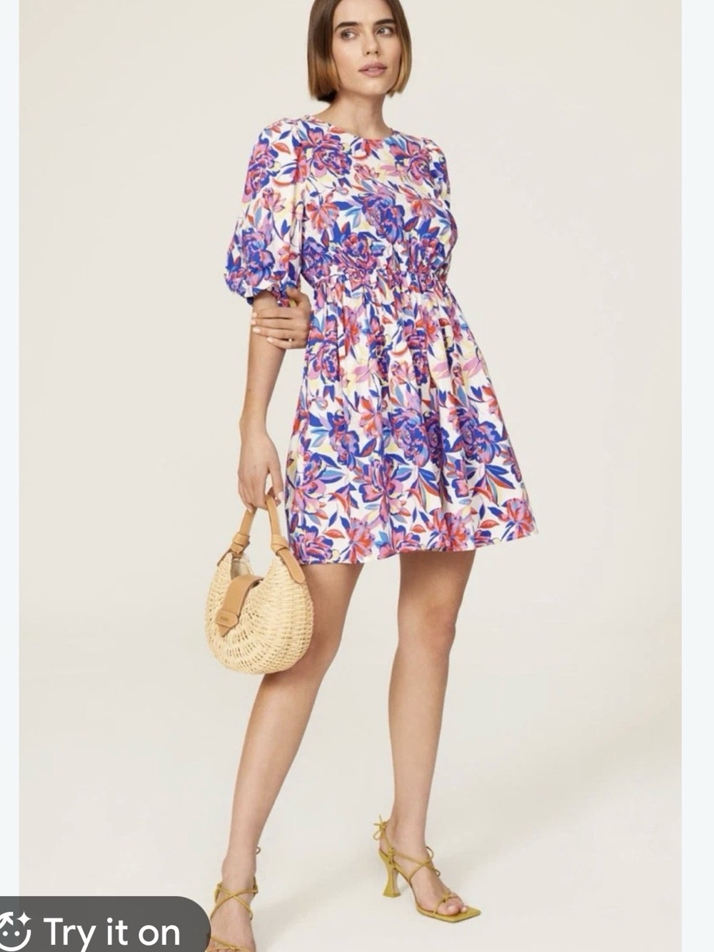 Peter Som Floral Puff-Sleeve Mini Dress in Purple & Pink